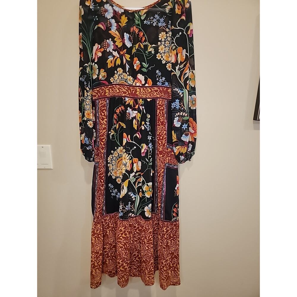 Anthropologie AdairBlack Floral Dress With Velvet Trim And Attached Slip Size 6